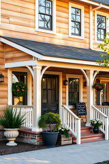 Obraz premium Charming Wooden House Exterior with Porch and Landscaping. Classic Architecture, Real Estate, Residential Property, Home Design