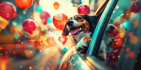 Happy Dog Enjoying a Car Ride with Festive Balloons