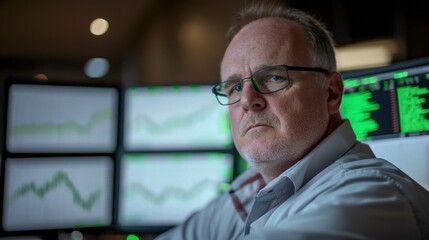 Fototapeta premium Serious Trader Monitoring Stock Market Data on Multiple Screens at Night