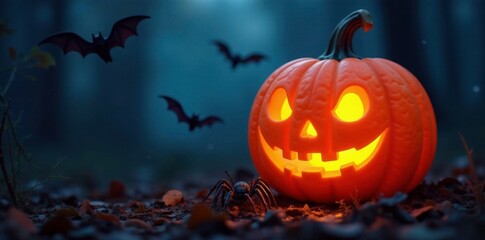 Obraz premium Spiders and bats are trapped within a glowing pumpkin lantern, bats, backgrounds