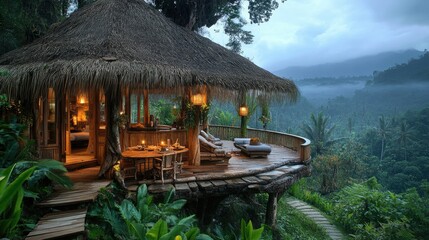 Luxurious tree house overlooking tropical rainforest in bali at dusk