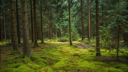 A beautiful forest scenery with pine trees and green moss

