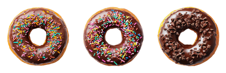 Assorted chocolate donuts with colorful toppings