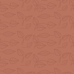 Seamless botanical Pattern on Brown Background. Elegant Linear leaves on mocha mousse backdrop. Color year 2025. Vector illustration. Hand outline drawing Minimal Design for Textiles and Decor