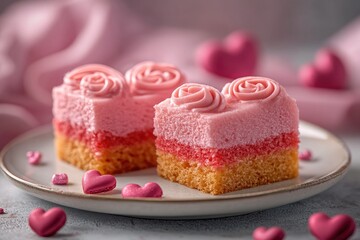 Pink valentine's day cakes decorated with rose shaped buttercream and heart confetti