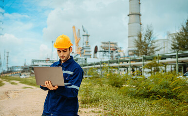 Engineer working outdoors at an industrial site while using a laptop to oversee operations during...