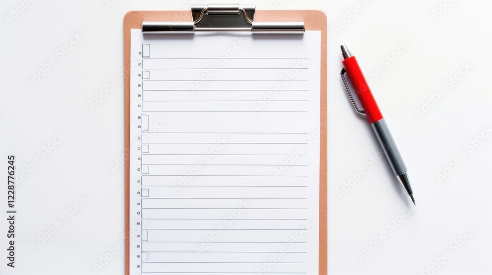 Poster top view of white table with paper folders for writing it's blank paper. there was a red pen on the 
