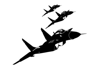 three MiG 29 combat jet fighter flies hight in the sky 