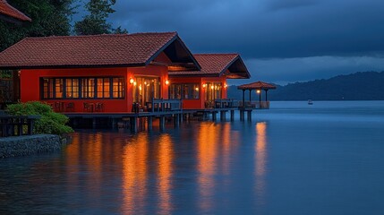 Obraz premium Twilight overwater bungalows, lake, tropical