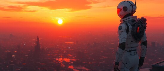 Astronaut overlooking futuristic city at sunset.