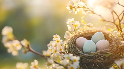 Fototapeta premium Pastel Easter eggs nestled among spring flowers, radiating warmth and renewal in a serene meadow setting