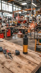 Industrial Workshop Tools on Wooden Table with Sparks