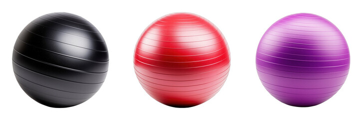 Colorful exercise stability balls in black, red, and purple