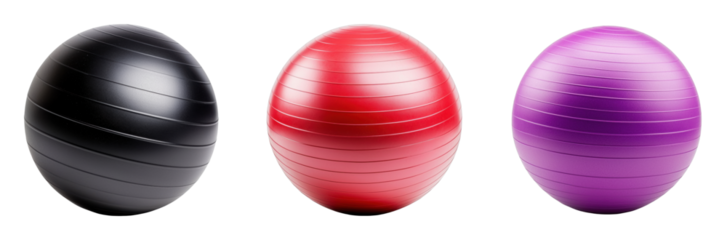 Colorful exercise stability balls in black, red, and purple