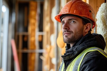 Construction worker wearing hardhat and safety vest looking away on building site