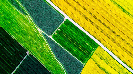 Aerial view of vibrant farmland with colorful crop fields showing agricultural diversity and rural scenic charm from above