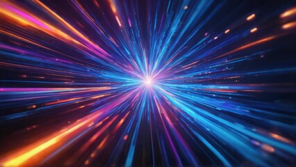 Naklejka premium Abstract Digital Art with Starburst Effect on Dark Blue Background, Gradient Colors, Radiating Light Rays, Energy and Movement Concept.