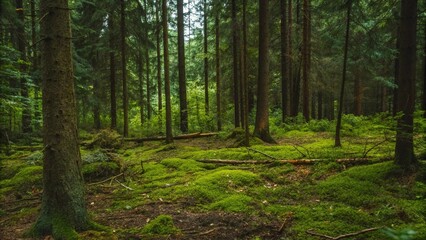 Fototapeta premium A beautiful forest scenery with pine trees and green moss