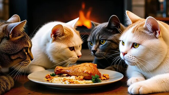 A group of cats sharing a small turkey feast on the floor, with a warm fireplace in the background, Thanksgiving for pets, Cozy feline gathering