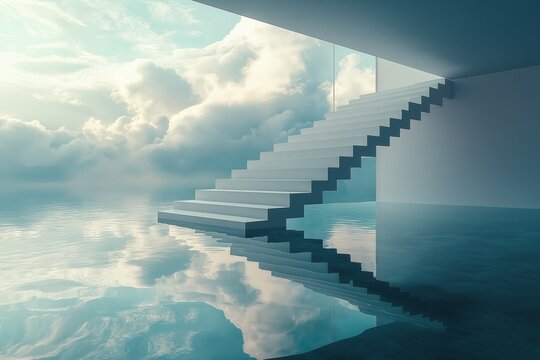 Surrealist photography, modern high-tech windows and other reflections of tranquil meadow scenes, the peace of sky and clouds, a bridge made of light, celestial light coming down from the sky