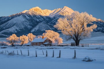 Obraz premium Sunrise illuminating snowy mountains and ranch in winter