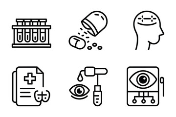 Medical and Pharmacy Line Icons Vector Set – Test Tubes, Capsule Pill, Headache, Medical Document, Eye Drops, Vision Chart