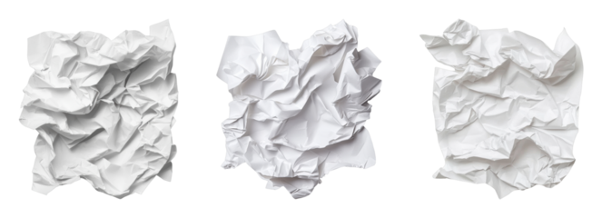 Crumpled white paper textures on Transparent Background
