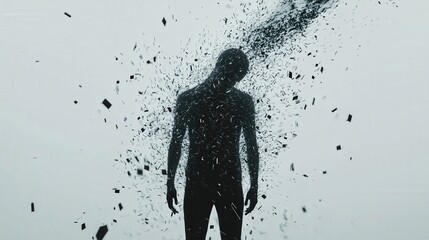 Fototapeta premium Disintegrating Figure in a Gray Haze: An Abstract Depiction of Transformation and Loss