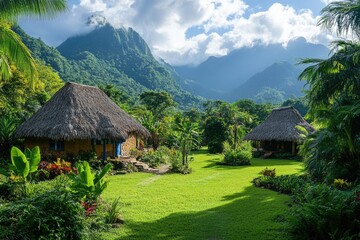 Traditional huts nestled in a lush tropical landscape with majestic mountains