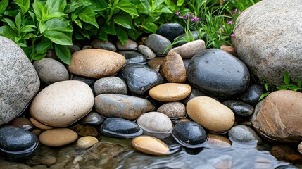 Smooth Wet Rocks and Green Plants by a Calm Stream