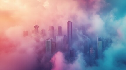 Fototapeta premium Dreamlike Cityscape Enveloped in Vibrant Clouds at Sunrise or Sunset