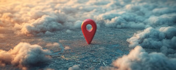 Red Location Pin Above a City in the Clouds: A Journey's Start
