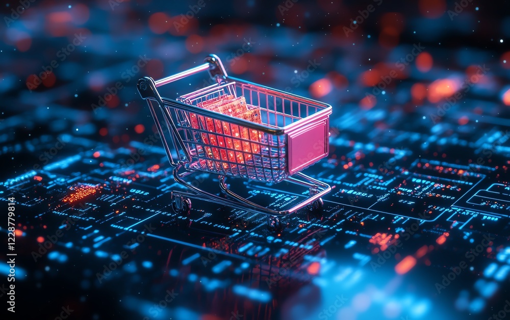 Leinwandbilder futuristic cloud computing enhancing online shopping, glowing cart and checkout data, ultrarealistic