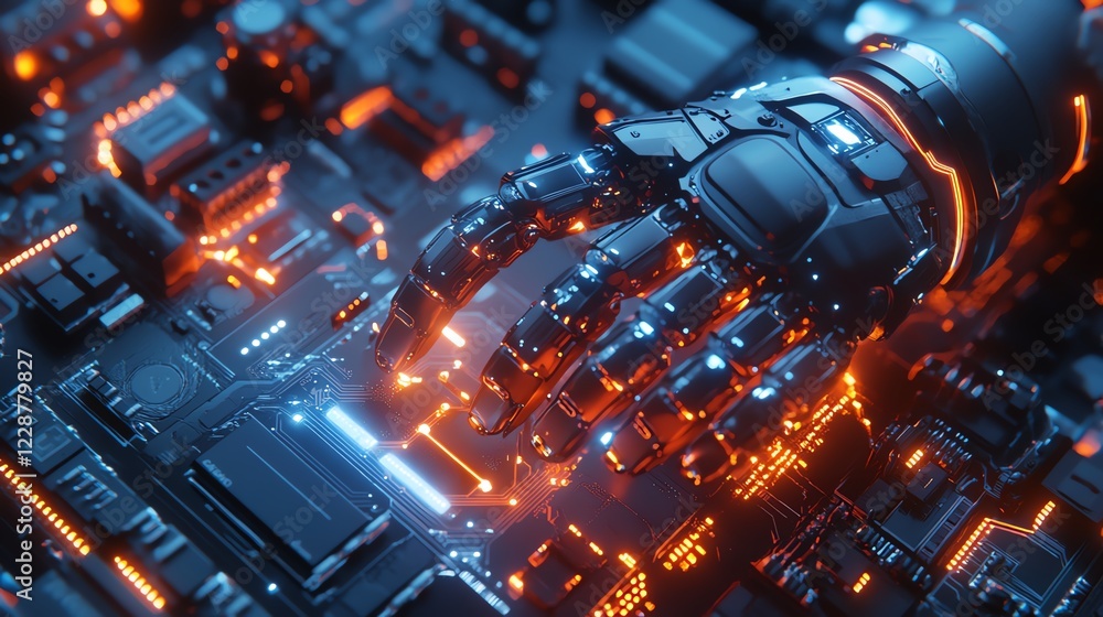 Aufkleber mechanical robotic arm interacting with a circuit chip, advanced scitech background, photorealistic 