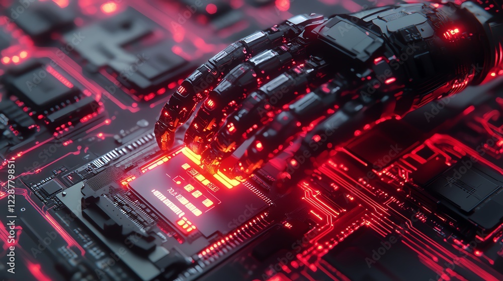 Poster mechanical robotic arm interacting with a circuit chip, advanced scitech background, photorealistic 
