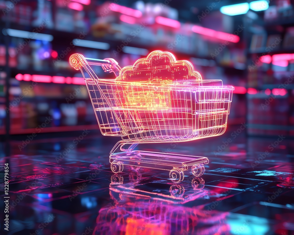 Aufkleber Online shopping powered by cloud computing, glowing products and checkout system, ultrarealistic 3D rendering, futuristic digital shopping experience