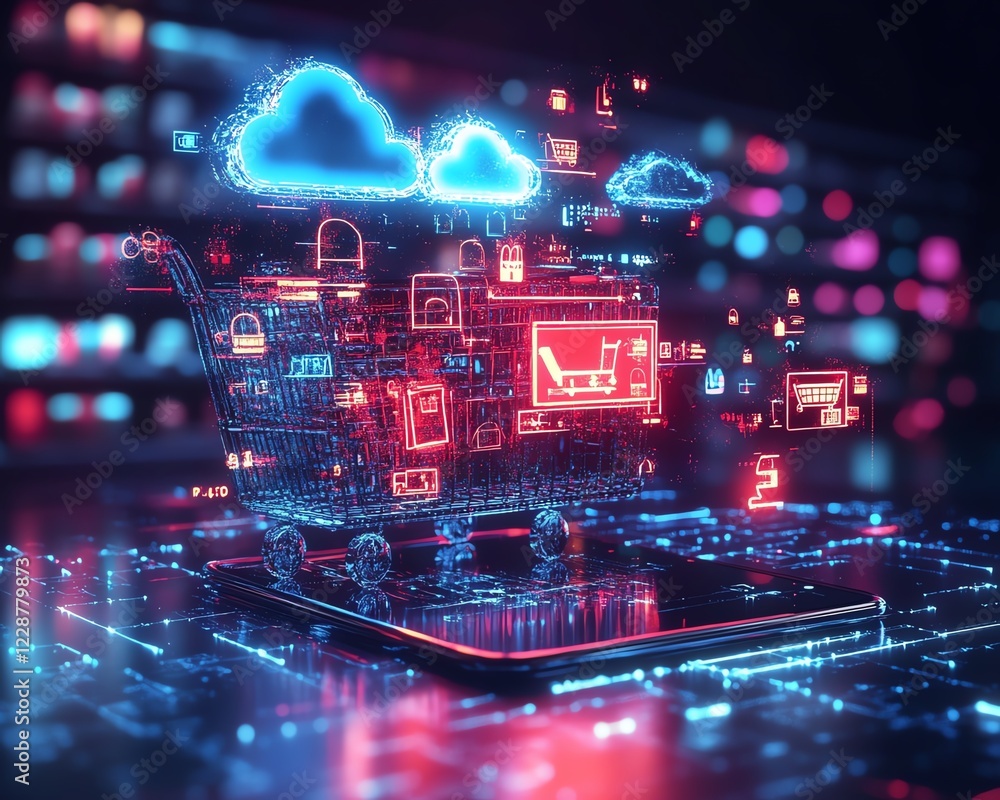 Leinwandbilder online shopping powered by cloud computing, glowing products and checkout system, ultrarealistic 3d 