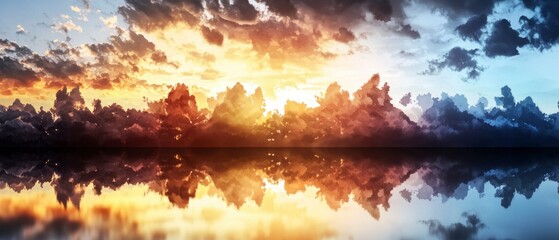 Fototapeta premium Dramatic Sunset Sky Reflection Colorful Cloudscape Over Calm Water