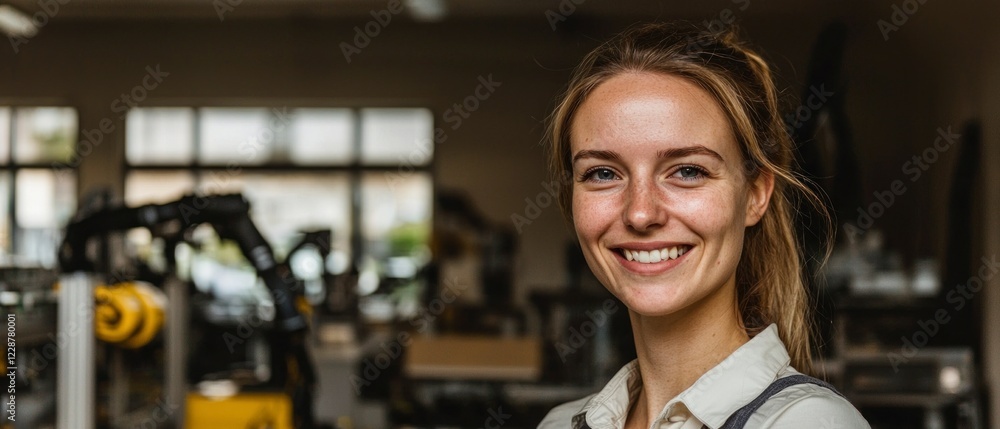 Poster smiling female engineer in robotics factory