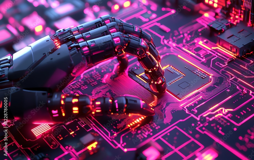 Poster scitech scene featuring mechanical arm and circuit chip, hightech industrial background, hyperdetail