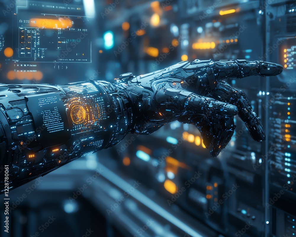 Poster Advanced mechanical arm interacting with cloud computing infrastructure, scitech setting, photorealistic 3D rendering, glowing digital interfaces, modern design