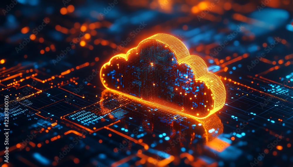 Poster Cloud computing architecture for location, encryption, and server management, photorealistic 3D rendering, glowing digital interfaces, futuristic hightech background