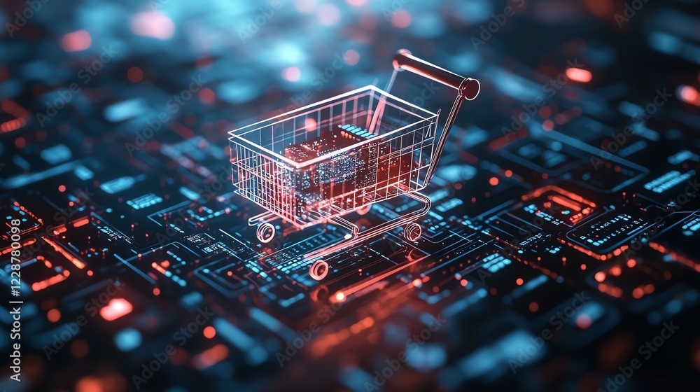 Poster Cloud computing infrastructure for online shopping, glowing product images and data, hightech 3D rendering, futuristic design, digital shopping interface