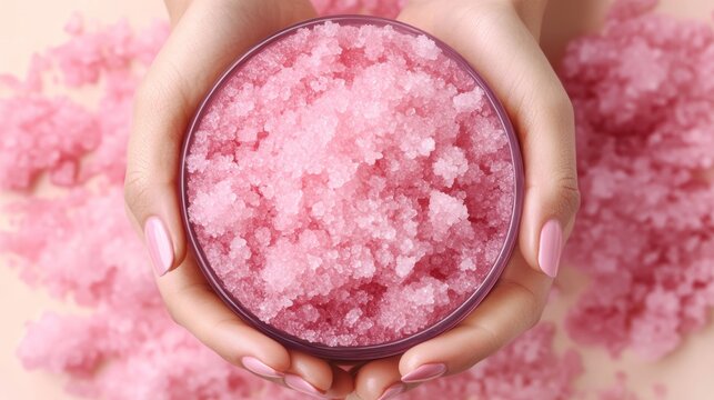 Woman holding pink sugar body scrub for bathroom Skincare home health procedure