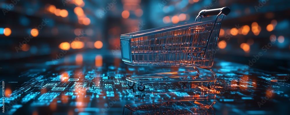 Poster Cloud computingdriven online shopping experience, glowing data streams, hightech 3D rendering, modern shopping cart design, futuristic digital environment