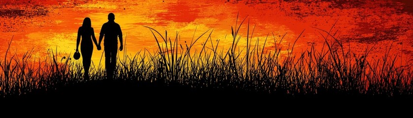 Couple silhouetted sunset walk, tall grass background, romantic scene, website header