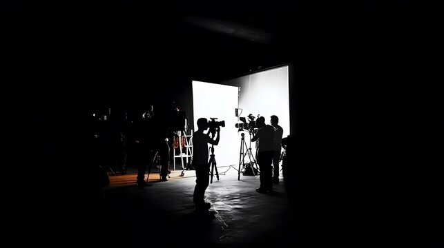 Silhouette images of video production behind the scenes or b-roll or making of TV commercial movie that film crew team lightman and cameraman working together with director in big studio