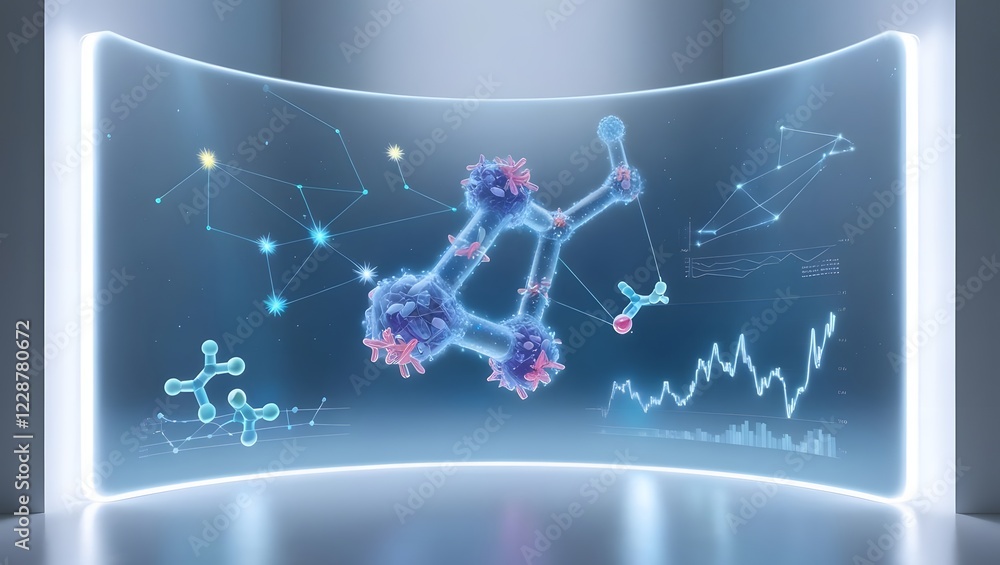 Poster molecular structure with data graph on blue transparent screen display