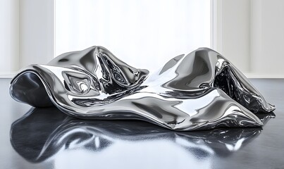 Chrome sculpture reclines in modern gallery