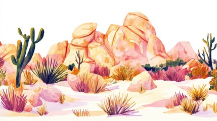 Colorful desert landscape featuring rocky formations, cacti, and vibrant vegetation under a clear sky